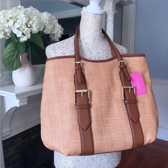 NWT ISAAC MIZRAHI “Lucille” Straw And Brown Leather Large Tote Bag - Picture 5 of 14